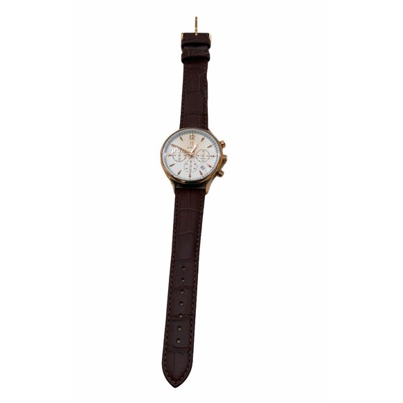 Men’s Chronograph Watch Rose Gold Analog Quartz Brown Leather Band Date Display - Picture 1 of 12